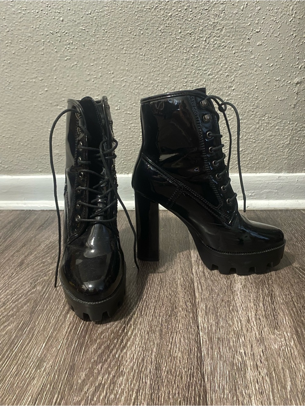 Patent Lace-Up Platform Ankle Boots - Black